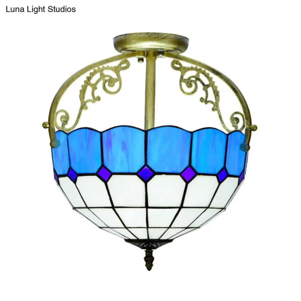 Baroque Semi Flush Mount Ceiling Light With Grid Pattern Cut Glass - 2 Lights In Yellow/Orange/Blue