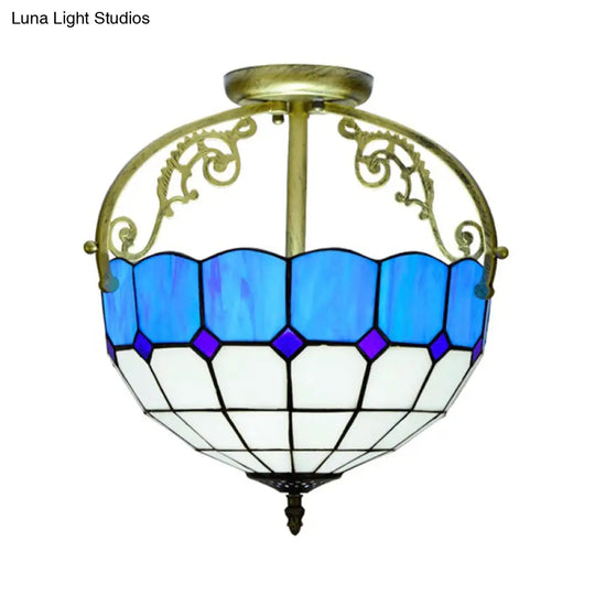 Baroque Semi Flush Mount Ceiling Light With Grid Pattern Cut Glass - 2 Lights In Yellow/Orange/Blue
