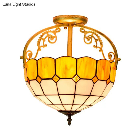 Baroque Semi Flush Mount Ceiling Light With Grid Pattern Cut Glass - 2 Lights In Yellow/Orange/Blue