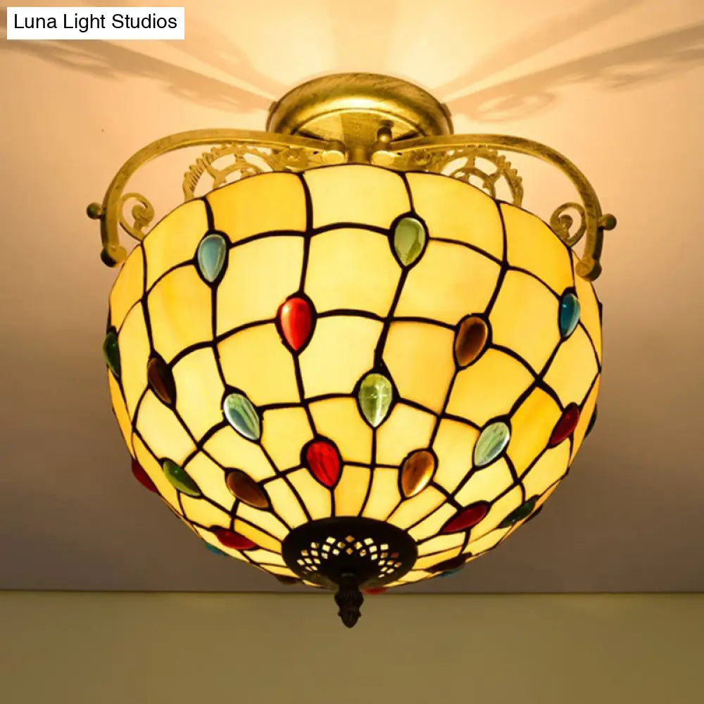 Baroque Semi Flush Mount Ceiling Light With Grid Pattern Cut Glass - 2 Lights In Yellow/Orange/Blue