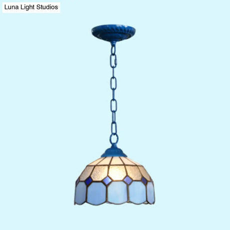Baroque Stained Glass Ceiling Light Fixture In Black/White/Blue For Dining Room - 1 Head Suspension