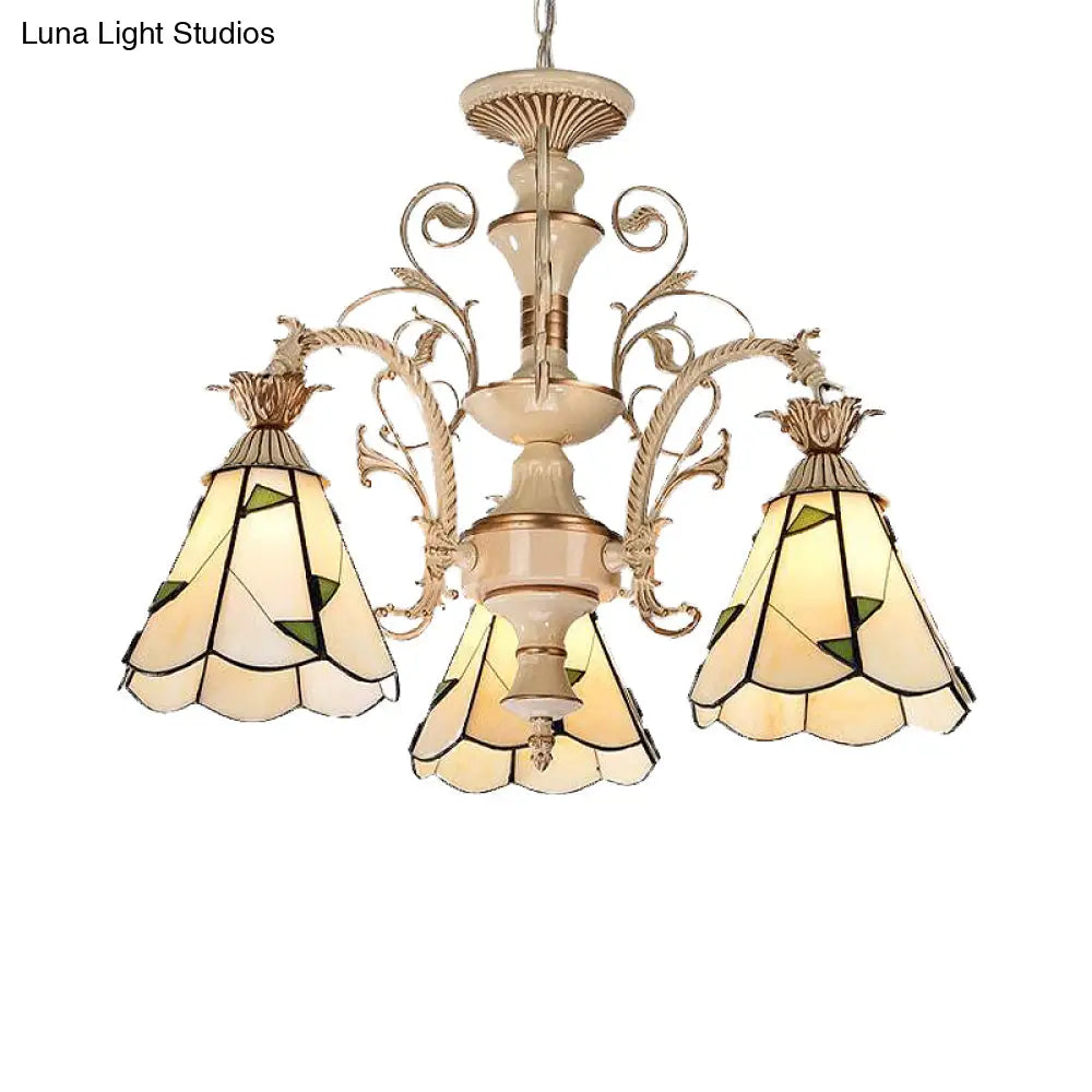 Baroque Stained Glass Chandelier With 3/5 Lights In White And Gold