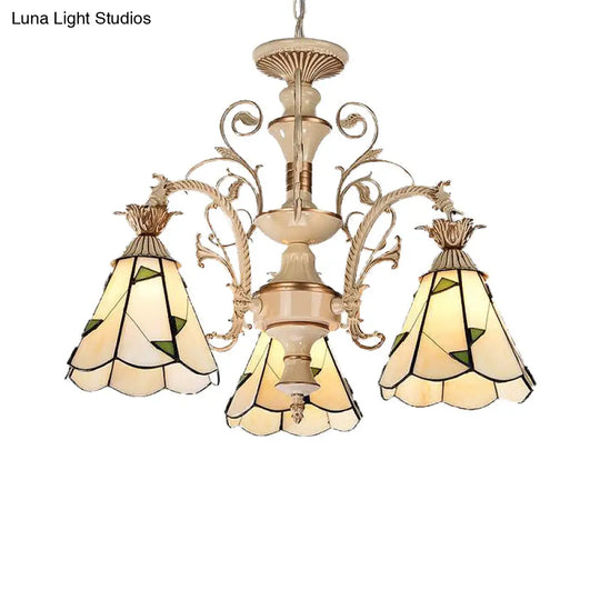 Baroque Stained Glass Chandelier With 3/5 Lights In White And Gold