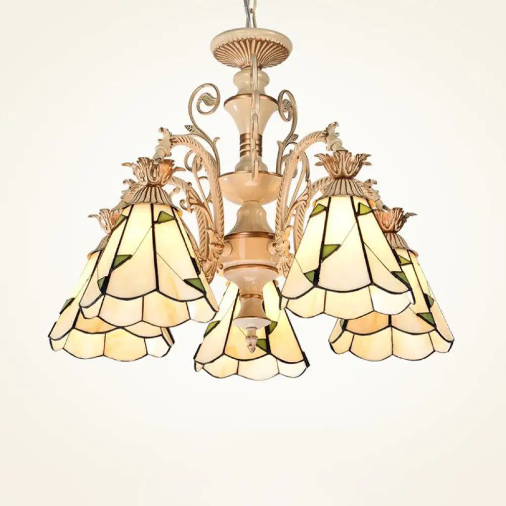 Baroque Stained Glass Chandelier With 3/5 Lights In White And Gold 5 / White-Gold