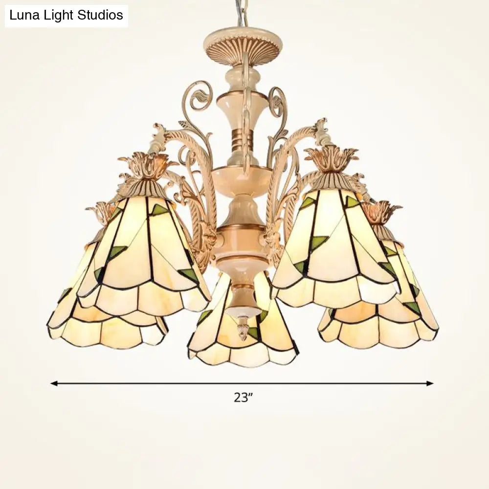 Baroque Stained Glass Chandelier With 3/5 Lights In White And Gold