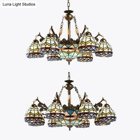 Baroque Stained Glass Pendant Light Chandelier - 9/11 Lights Blue Bedroom Fixture