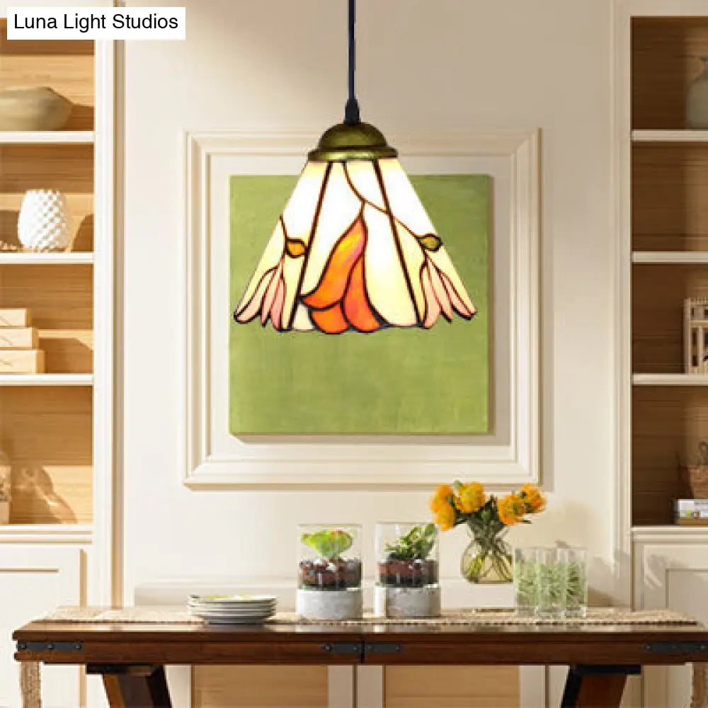 Tapered Orange Pink Stained Glass Pendant Light - Baroque Style Dining Room Fixture