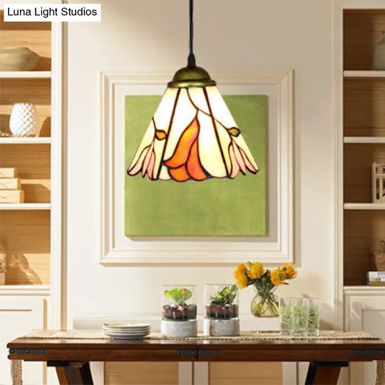Tapered Orange Pink Stained Glass Pendant Light - Baroque Style Dining Room Fixture