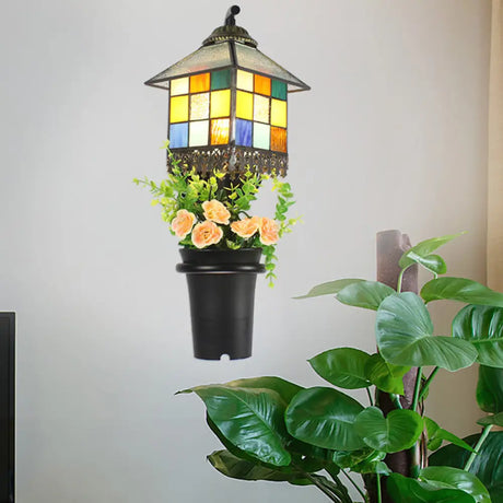 Baroque Stained Glass Wall Sconce With Flower Decoration - Clear/Blue Light Clear