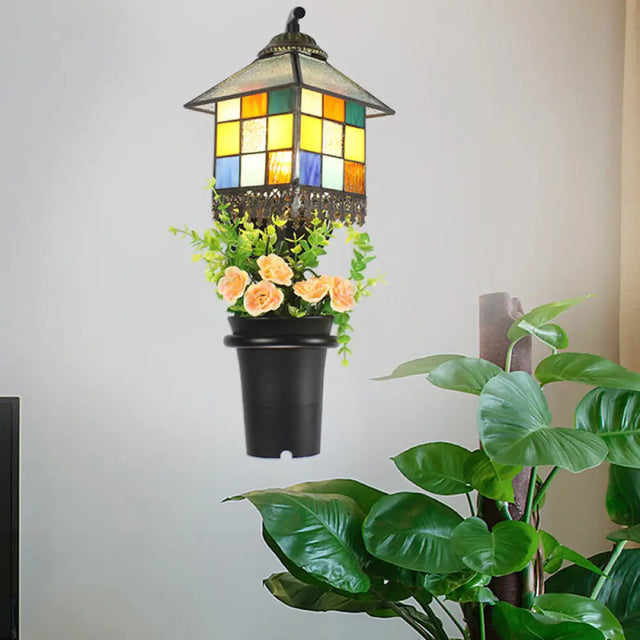 Baroque Stained Glass Wall Sconce With Flower Decoration - Clear/Blue Light Clear