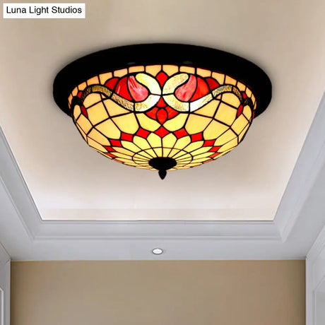 Baroque Style Led Ceiling Light For Bedroom - Stained Glass Black Flushmount Bowl Shape