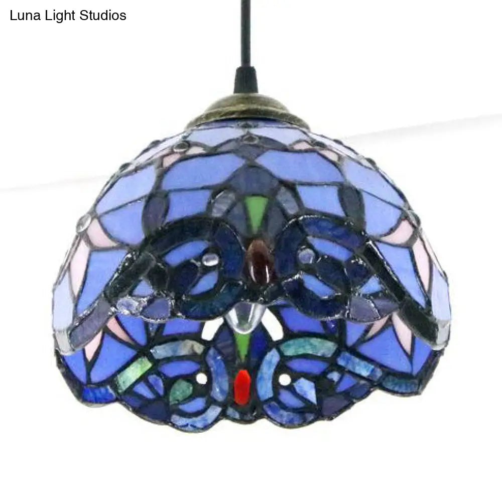 Baroque Style Stained Glass Dome Pendant Light With Hanging Cord