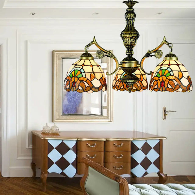 Baroque Style Stained Glass Pendant Lamp - Antique Brass; 3-Light Hanging Light Brass