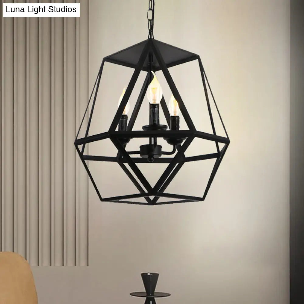 Vintage Black Barrel/Birdcage Chandelier Pendant Light With Wire Guard - 3 Lights For Table