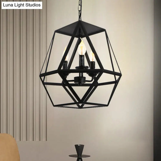 Vintage Black Barrel/Birdcage Chandelier Pendant Light With Wire Guard - 3 Lights For Table