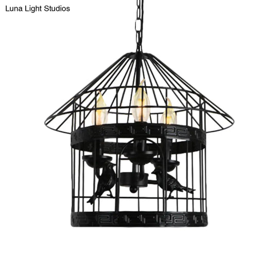 Barrel/Birdcage Chandelier Lighting - Vintage Style Pendant Light 3 Lights Black Metallic Over Table
