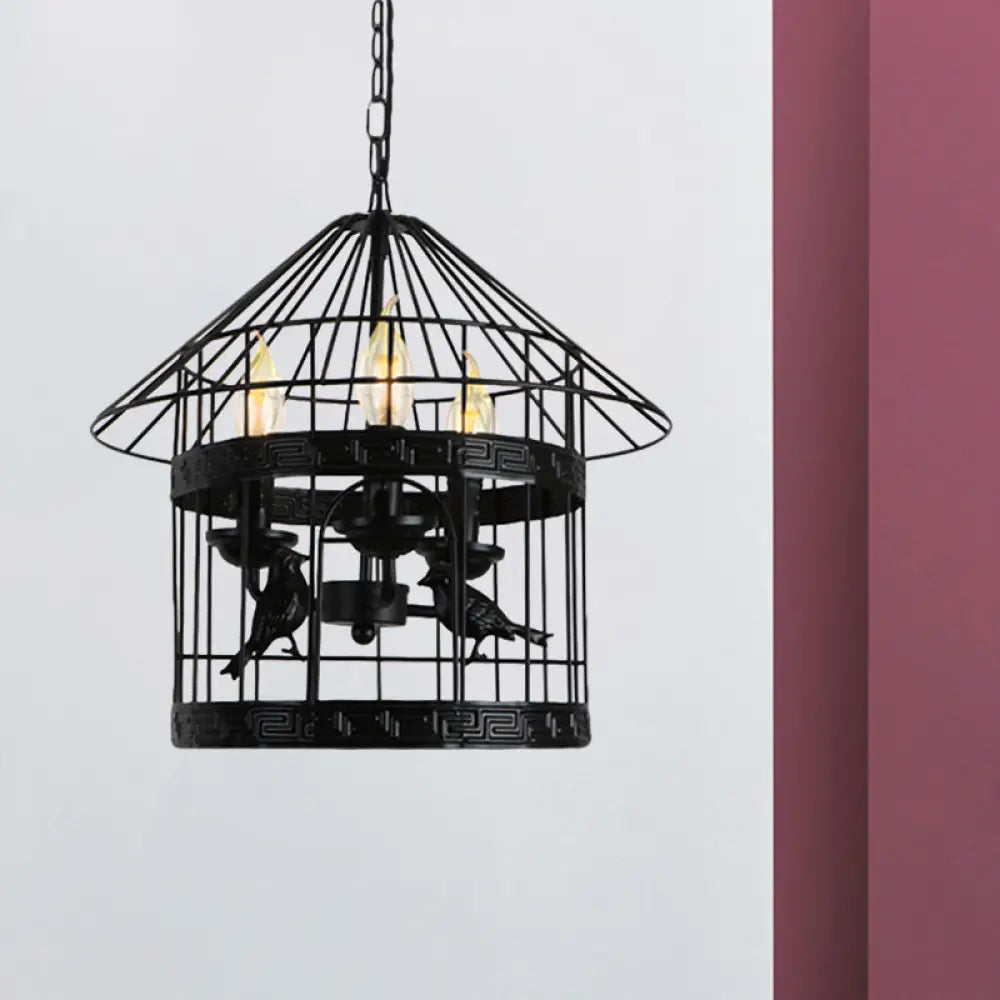 Barrel/Birdcage Chandelier Lighting - Vintage Style Pendant Light 3 Lights Black Metallic Over