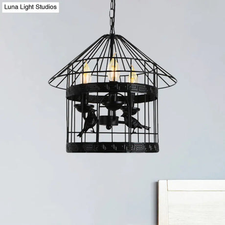 Barrel/Birdcage Chandelier Lighting - Vintage Style Pendant Light 3 Lights Black Metallic Over Table