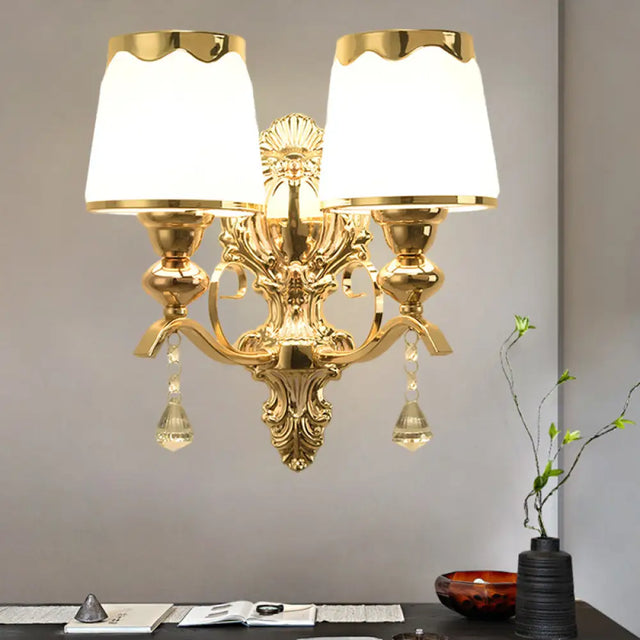 Barrel Shade Opal Glass Wall Lamp - Modern 2-Light Fixture For Bedroom In Gold