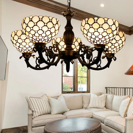 Beaded Glass Metal Chandelier - Traditional Hanging Light For Living Room Beige/Orange Orange