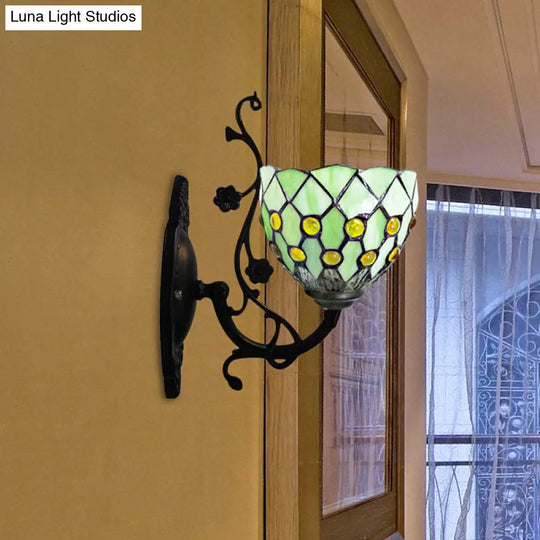 Beaded Stained Glass Bowl Wall Mount Light - 1 Mini Lighting Green