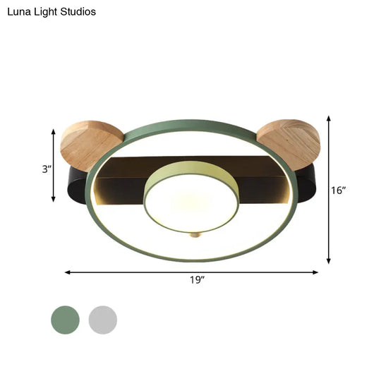 Bear Design Acrylic Led Ceiling Flush Light - Cartoon White/Green Wood Finish
