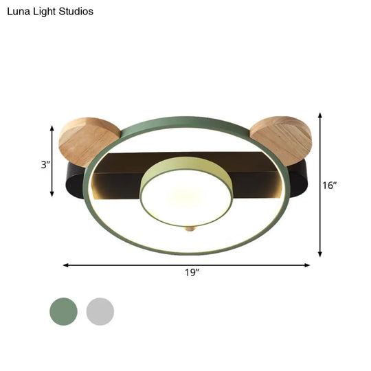 Bear Design Acrylic Led Ceiling Flush Light - Cartoon White/Green Wood Finish