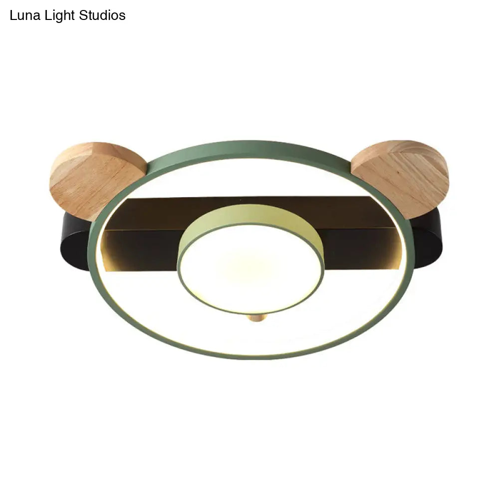 Bear Design Acrylic Led Ceiling Flush Light - Cartoon White/Green Wood Finish Green