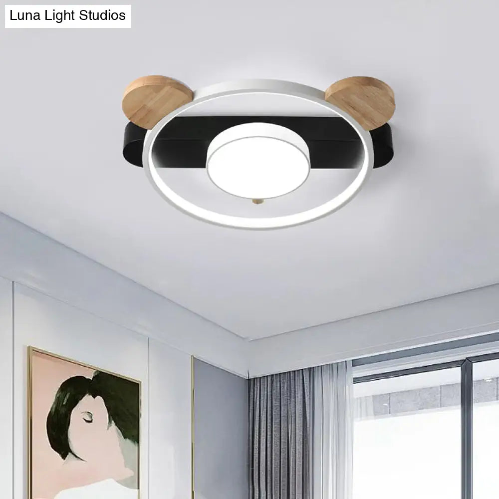 Bear Design Acrylic Led Ceiling Flush Light - Cartoon White/Green Wood Finish