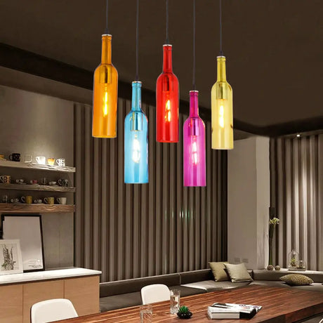 Beer Bottles Ceiling Lamp: Colorful Art Decor 5 Bulbs Suspension Light Fixture - Red Glass