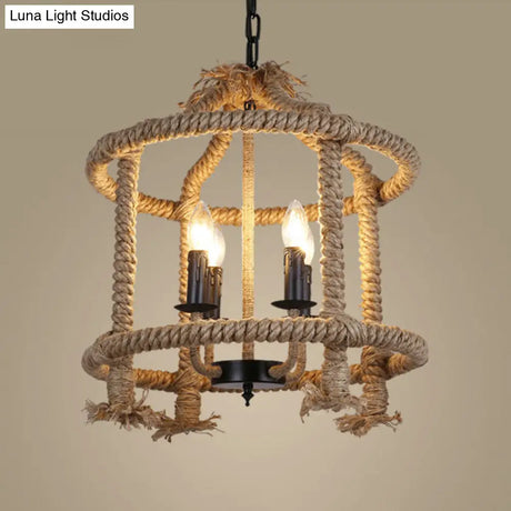 Beige 4-Light Chandelier: Traditional Rope Cylinder Pendant Lamp For Dining Room