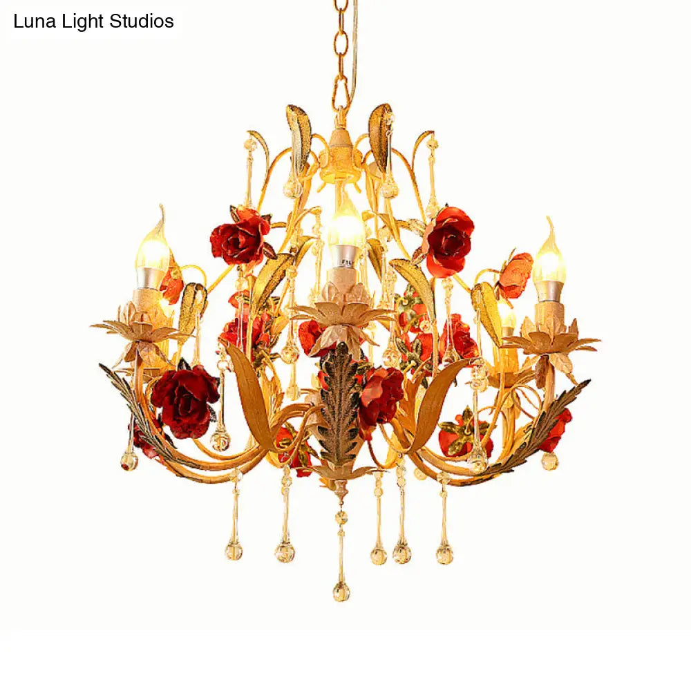 Beige 6-Light Chandelier Lamp: Korean Garden Hanging Pendant Light With Crystal Decor