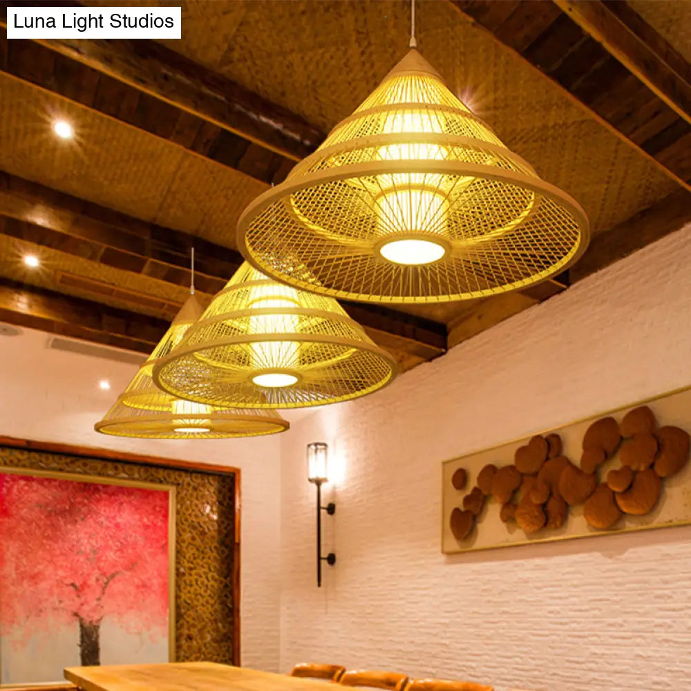 Beige Asian Style Pendant Light With Bamboo Shade - Single Head Ceiling Fixture For Wide Flare