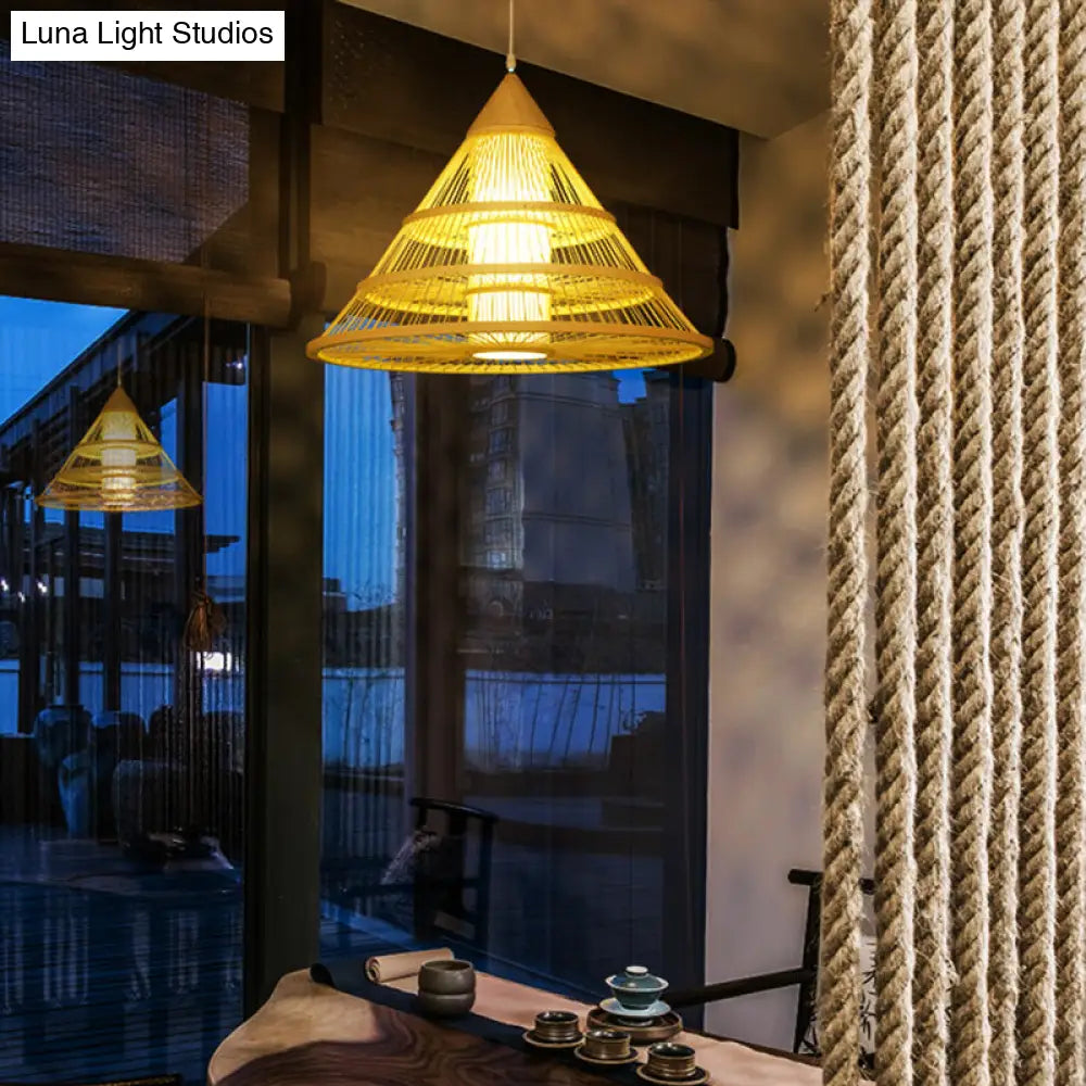 Beige Asian Style Pendant Light With Bamboo Shade - Single Head Ceiling Fixture For Wide Flare
