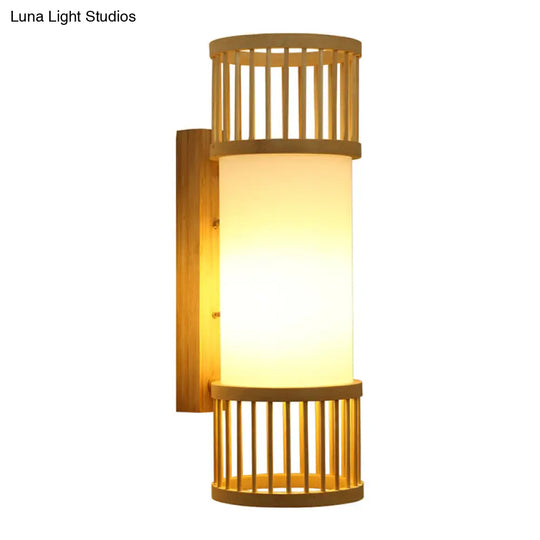 Beige Asian Wall Sconce With Wooden Shade - Single Bulb Cylinder Lighting