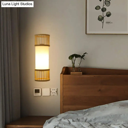 Beige Asian Wall Sconce With Wooden Shade - Single Bulb Cylinder Lighting