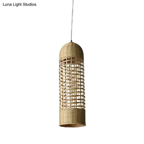Beige Bamboo Asian Pendant Lamp - Cylinder Hanging Ceiling Light