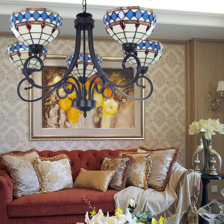 Beige Baroque Pendant Chandelier - Colorful Glass Bowl With Hanging Chain 5 Lights