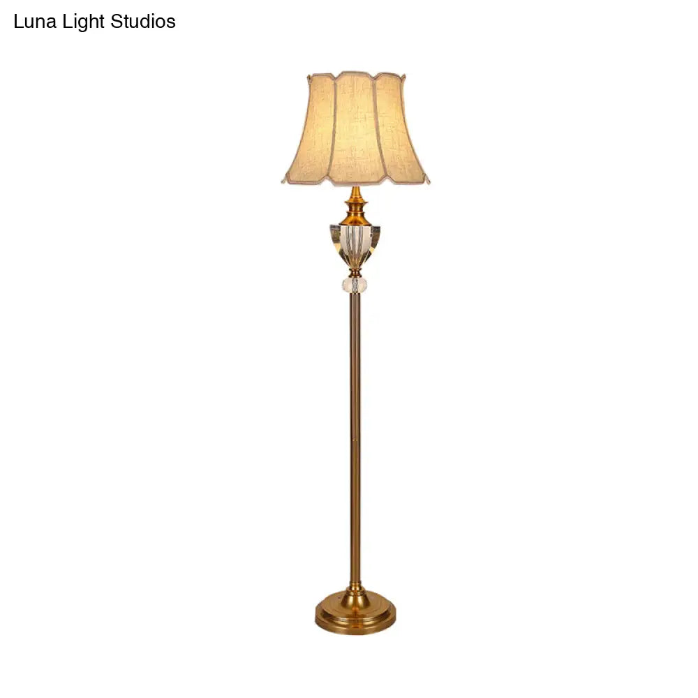 Beige Crystal Bowl Floor Lamp: Countryside Stand Up Light With Bell Fabric Shade