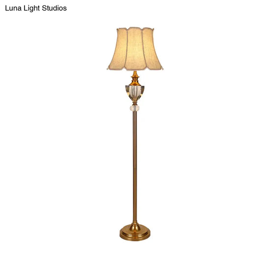 Beige Crystal Bowl Floor Lamp: Countryside Stand Up Light With Bell Fabric Shade