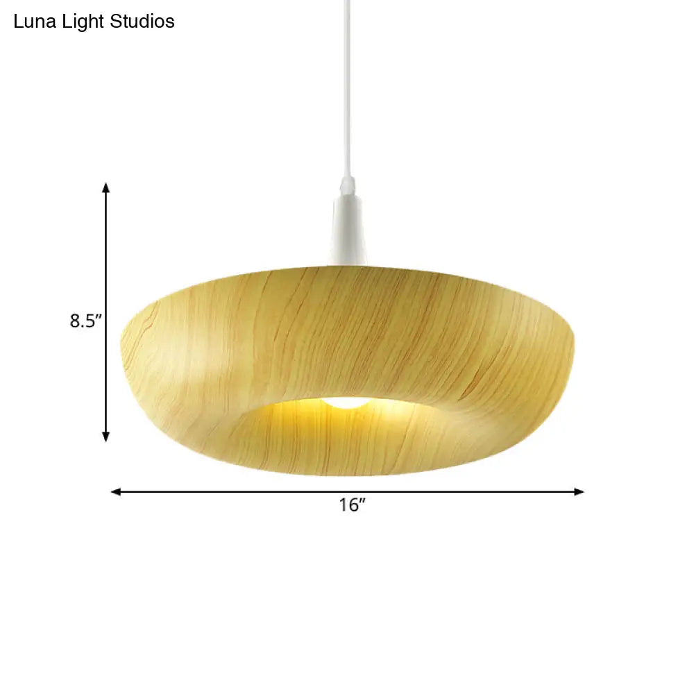 Beige Minimalist Donut Pendant Light With Wood Grain Texture: Stylish Aluminum Single Lamp For