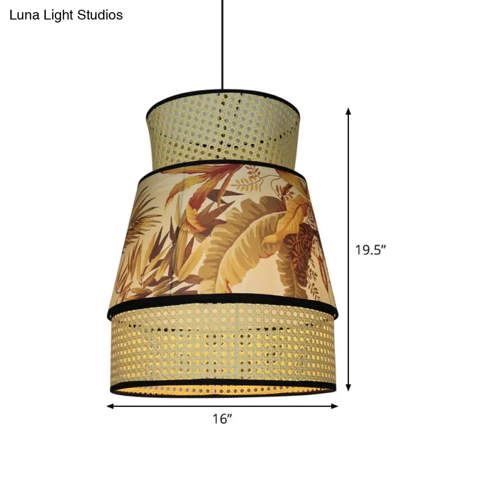 Beige Flared Hanging Pendant Light - Chinese 1 Head Ceiling Lamp With Rattan Shade