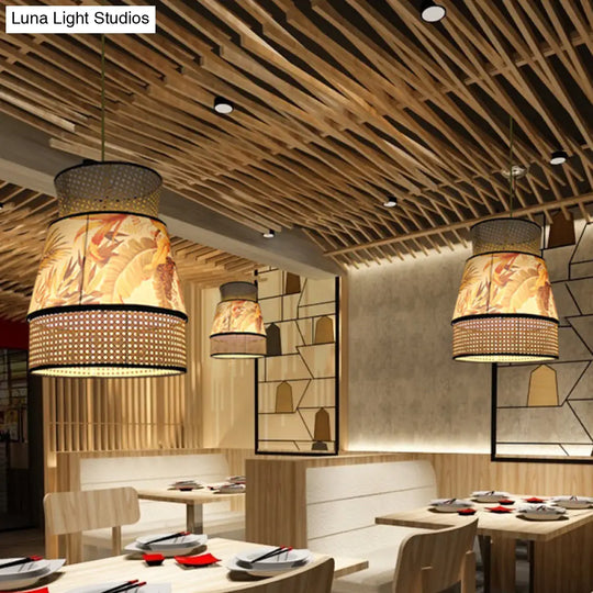 Beige Flared Hanging Pendant Light - Chinese 1 Head Ceiling Lamp With Rattan Shade