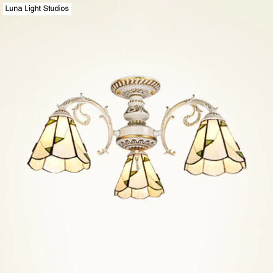 Beige Glass 3-Light Semi Flush Lamp In White/Antique Brass For Dining Room White