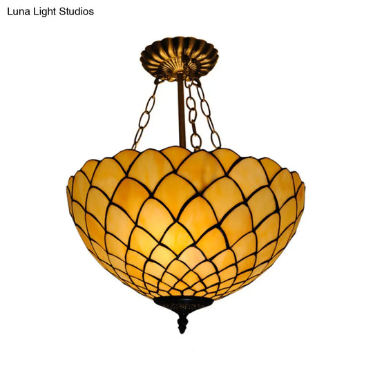 Beige Glass Semi Flush Light With Baroque Style Domed Shade - Ceiling Mounted Fixture