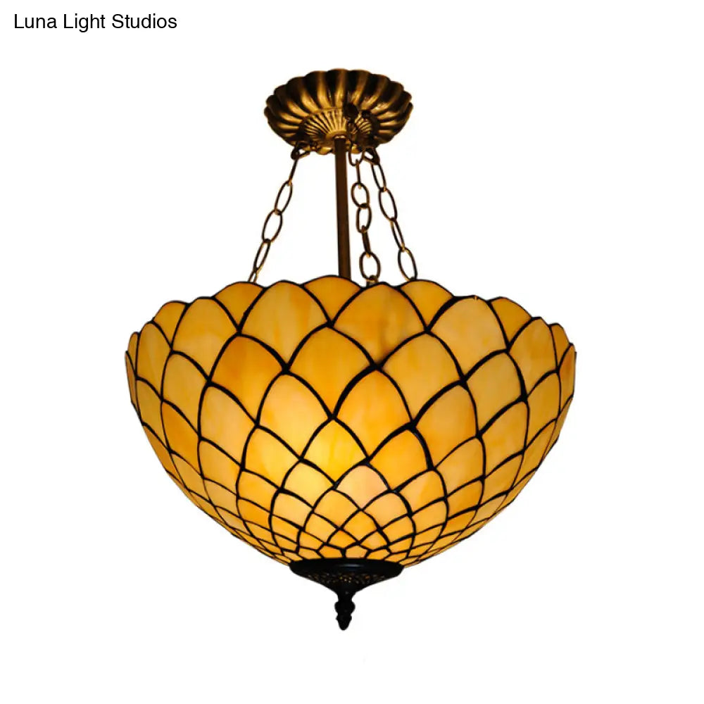 Beige Glass Semi Flush Light With Baroque Style Domed Shade - Ceiling Mounted Fixture