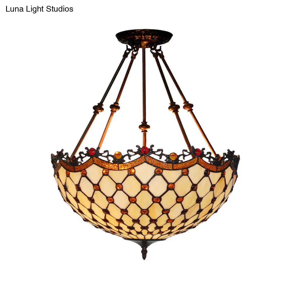 Beige Glass Semi Flush Tiffany Style Ceiling Mount With Beaded Accents - 16’/18’ Wide 2-Light