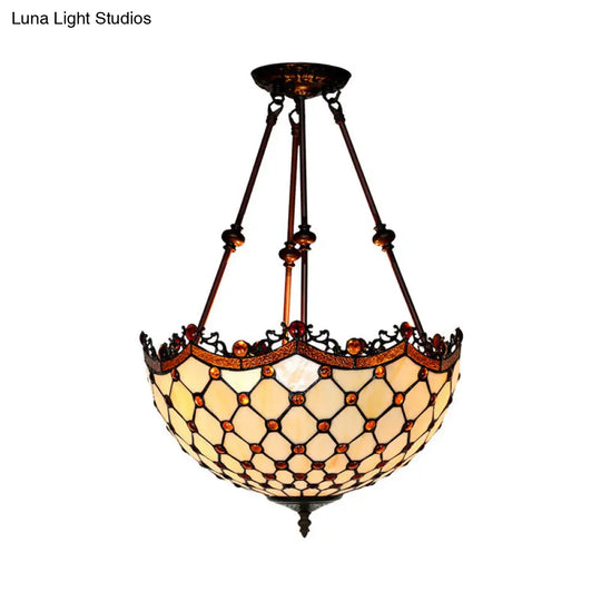 Beige Glass Semi Flush Tiffany Style Ceiling Mount With Beaded Accents - 16’/18’ Wide 2-Light