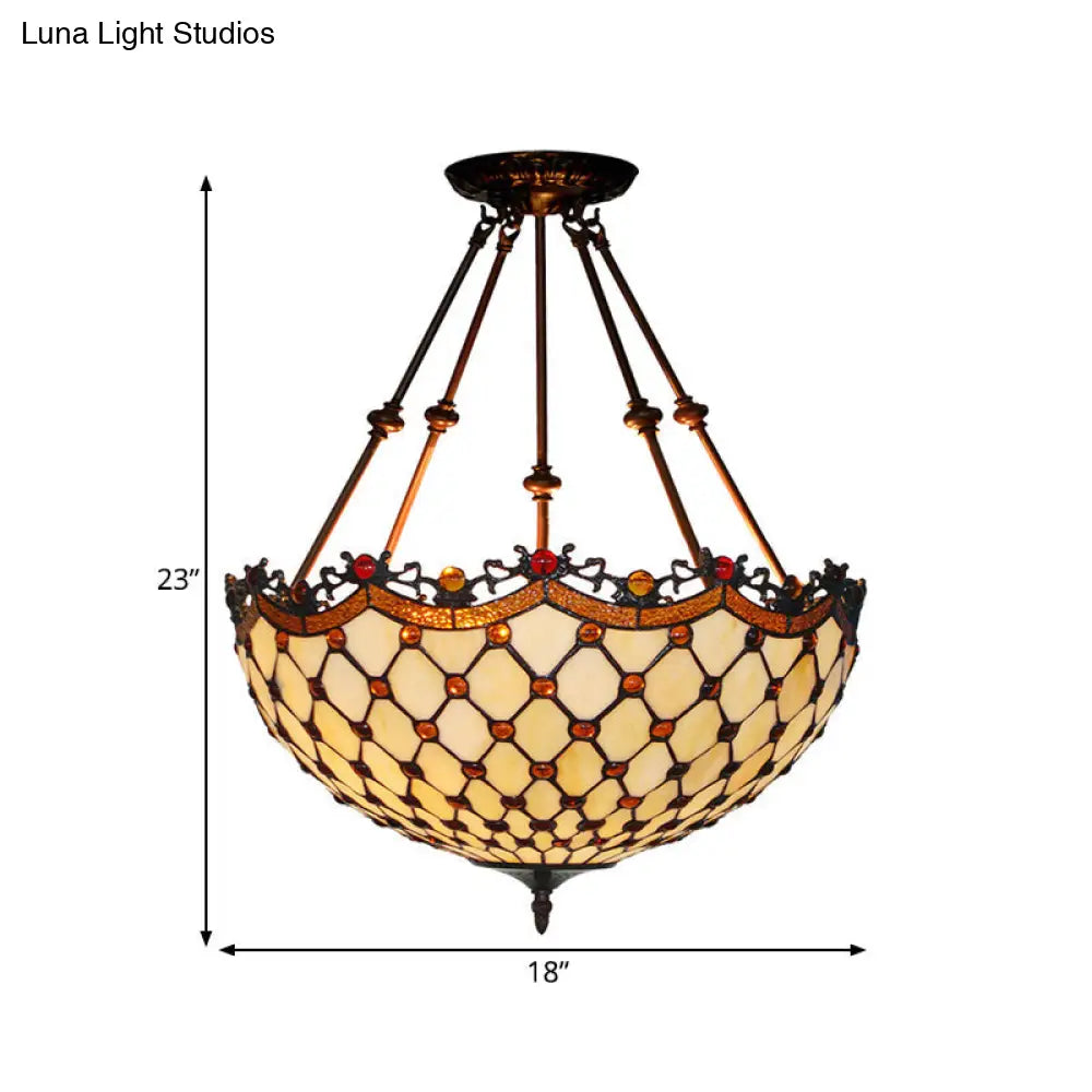 Beige Glass Semi Flush Tiffany Style Ceiling Mount With Beaded Accents - 16/18 Wide 2-Light Fixture