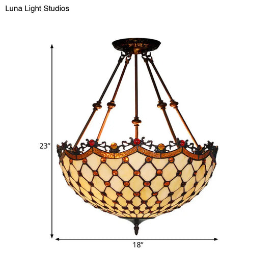 Beige Glass Semi Flush Tiffany Style Ceiling Mount With Beaded Accents - 16/18 Wide 2-Light Fixture
